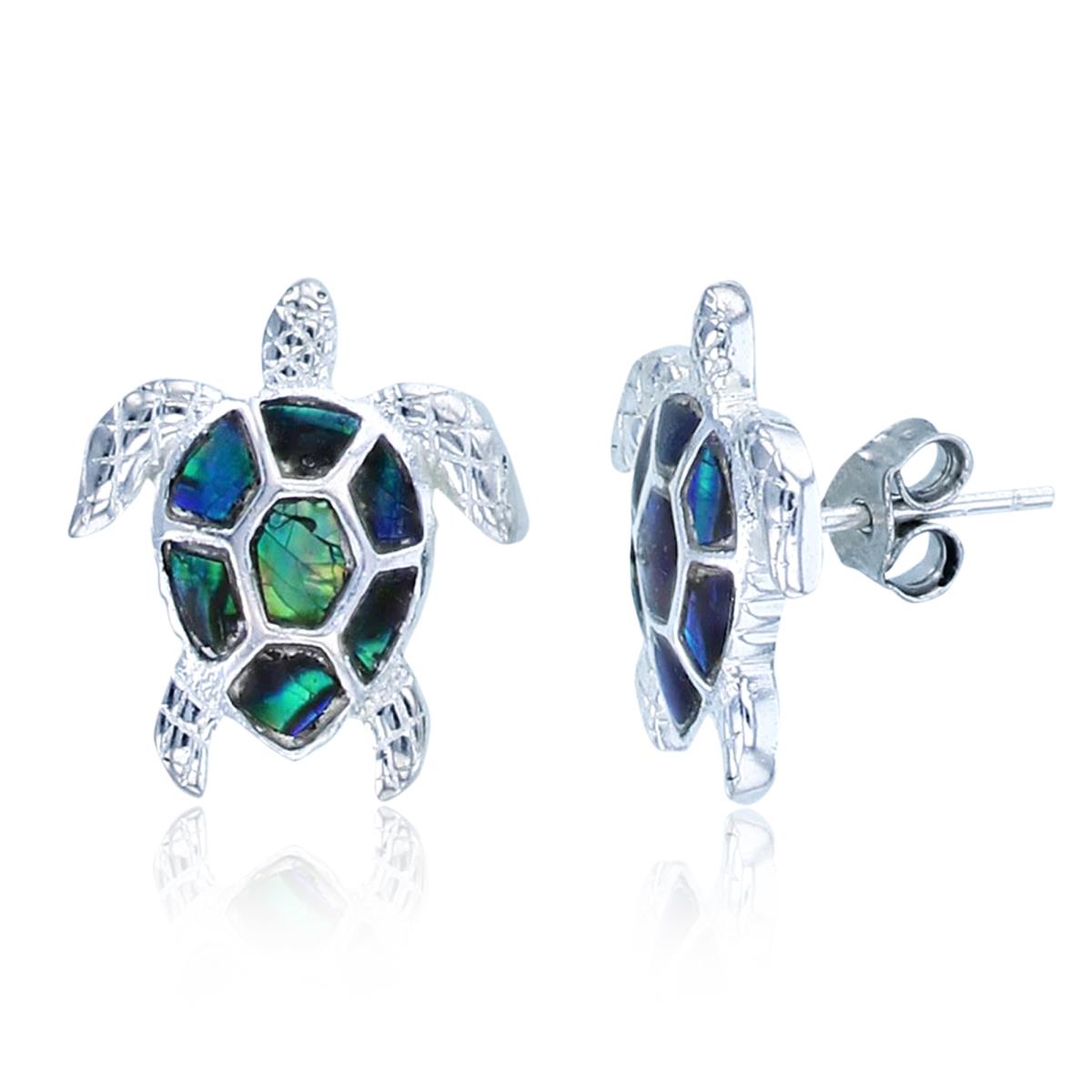 Sterling Silver Rhodium Abalone Textured Turtle Stud Earring