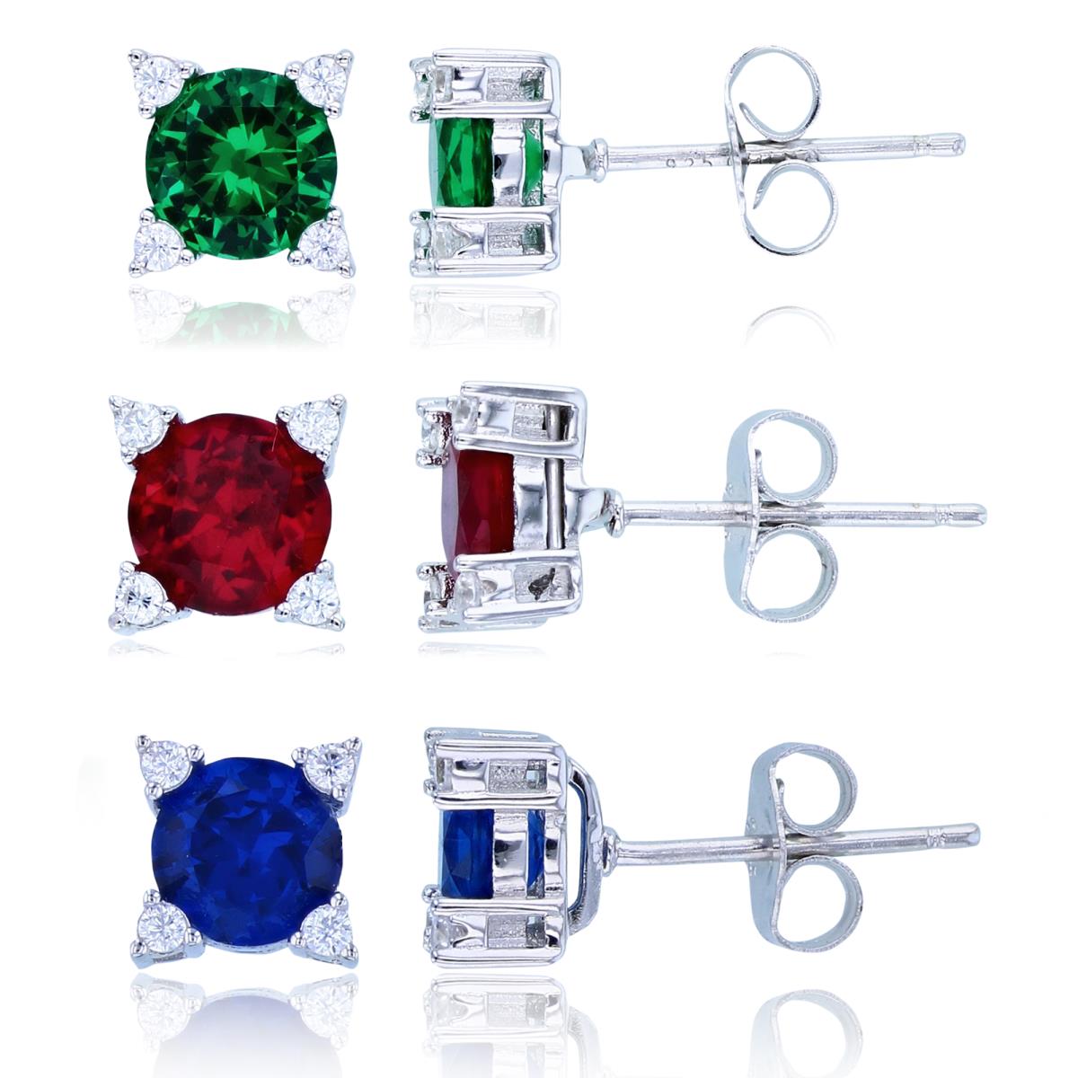 Sterling Silver Rhodium 6mm Rnd Blue Spinel, Ruby & Green SQ Stud Earring Set