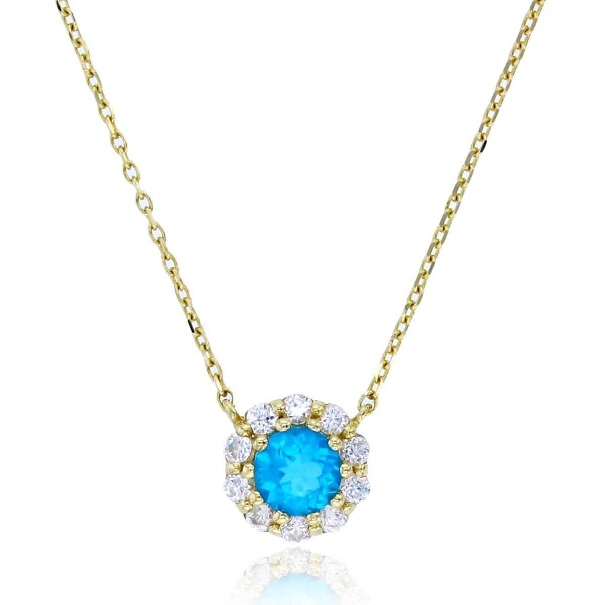 14K Yellow Gold 4mm Rnd Blue Apatite & Rnd Wh.Zircon Halo 16+2"Necklace