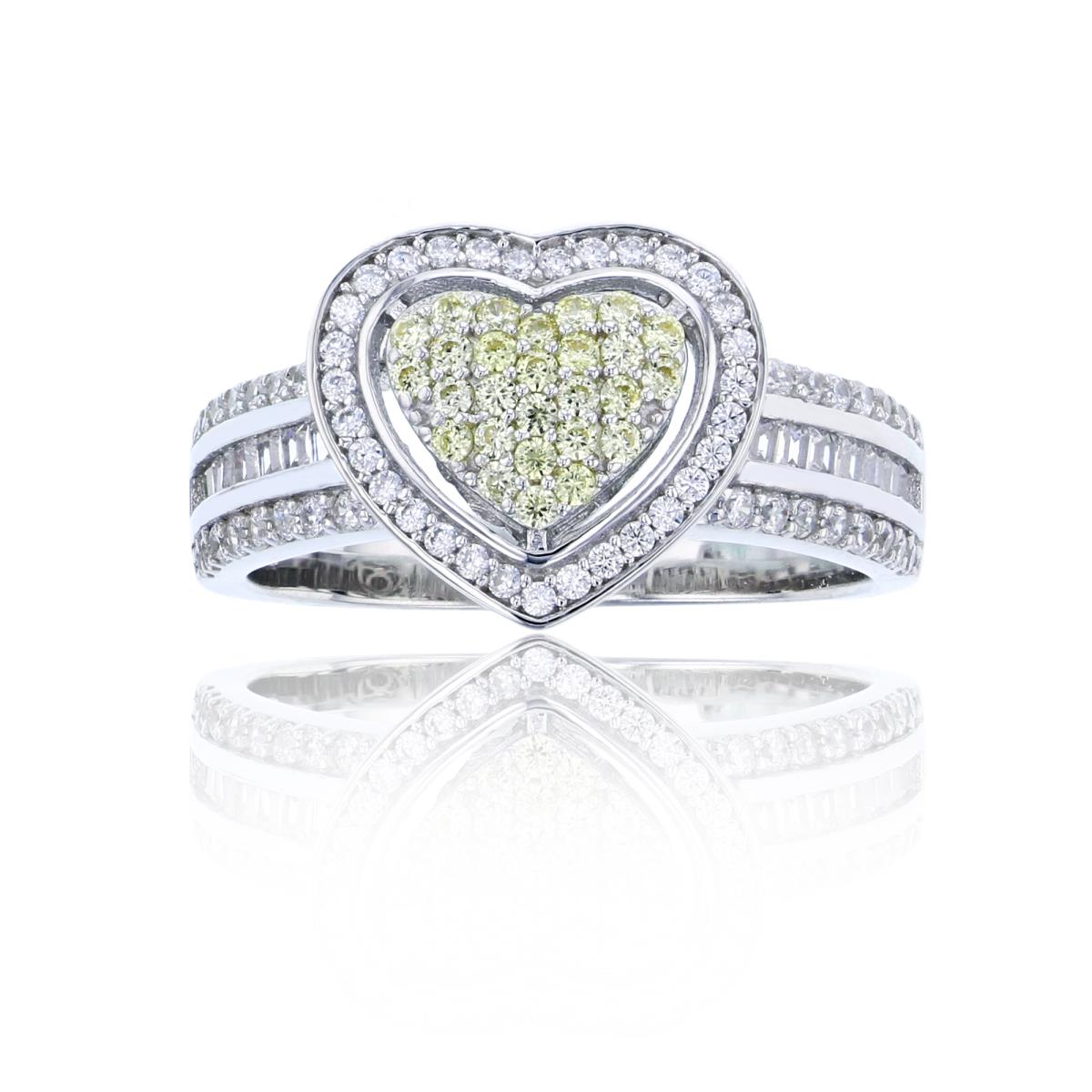 Sterling Silver Rhodium 6mm  Micropave Canary Yellow+White Rd & Baguette CZ Heart  12mm Fashion Ring