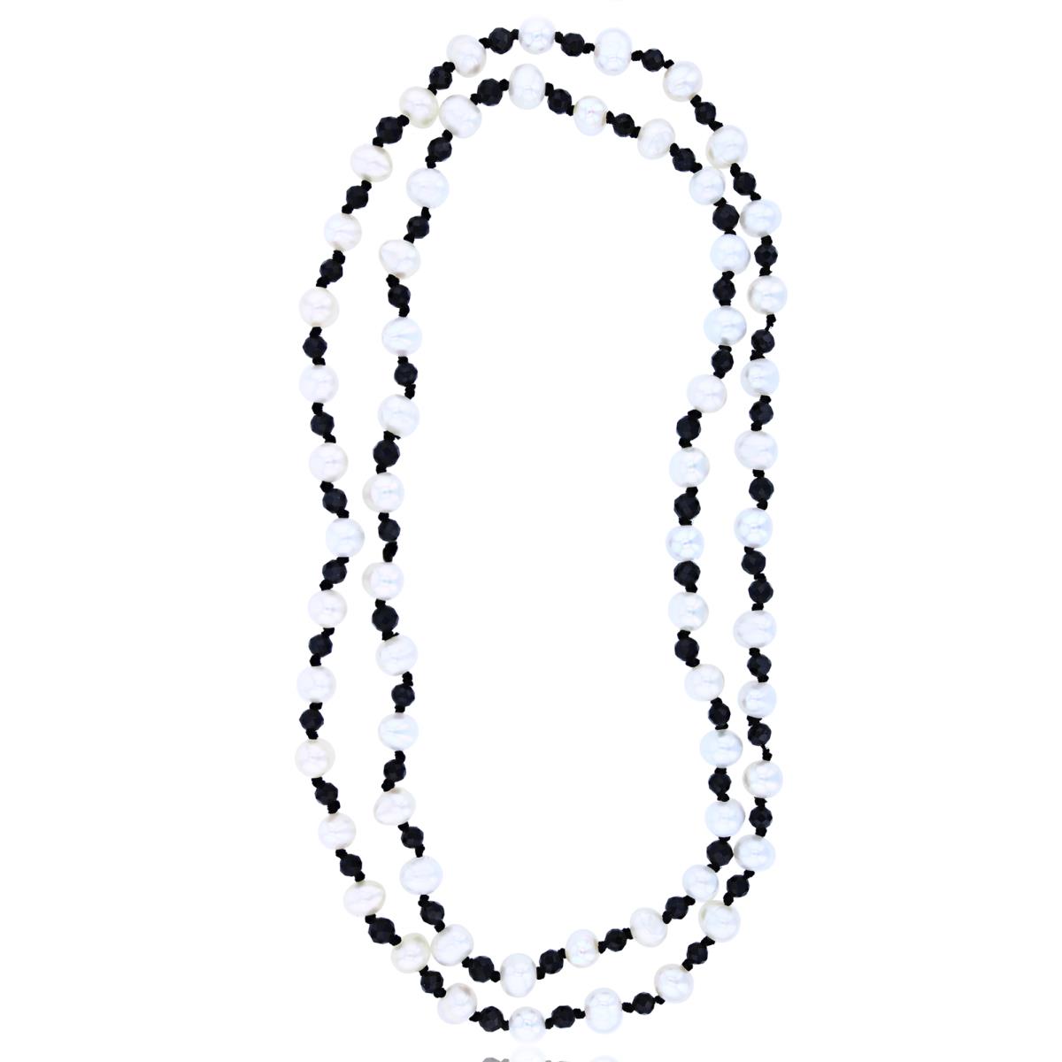 6mm Potato FWP & 3mm Rd Black Spinel 48" Necklace