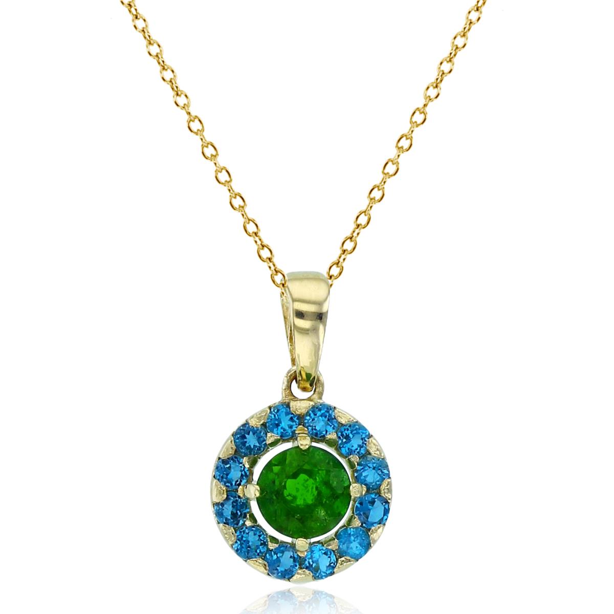 14K Yellow Gold 4mm Rnd Chrom Diopside & London Blue Topaz Halo Circle 18"Necklace