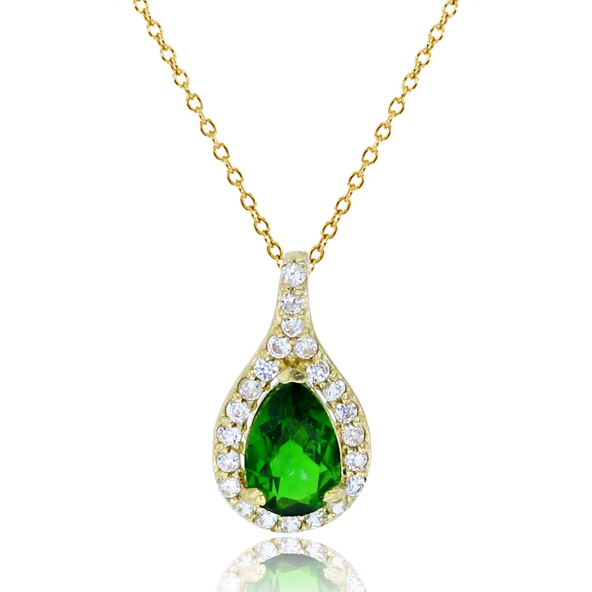 14K Yellow Gold 6x4mm PS Chrom Diopside & Wh.Zircon Pear Halo 18"Necklace