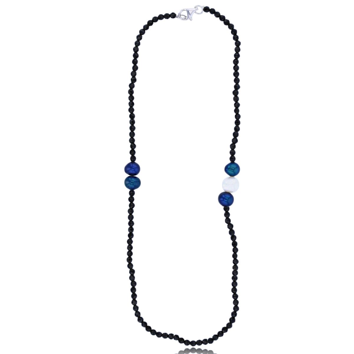 Sterling Silver Rhodium White & Blue Potato FWP & 3mm RD Black Spinel 20" Necklace