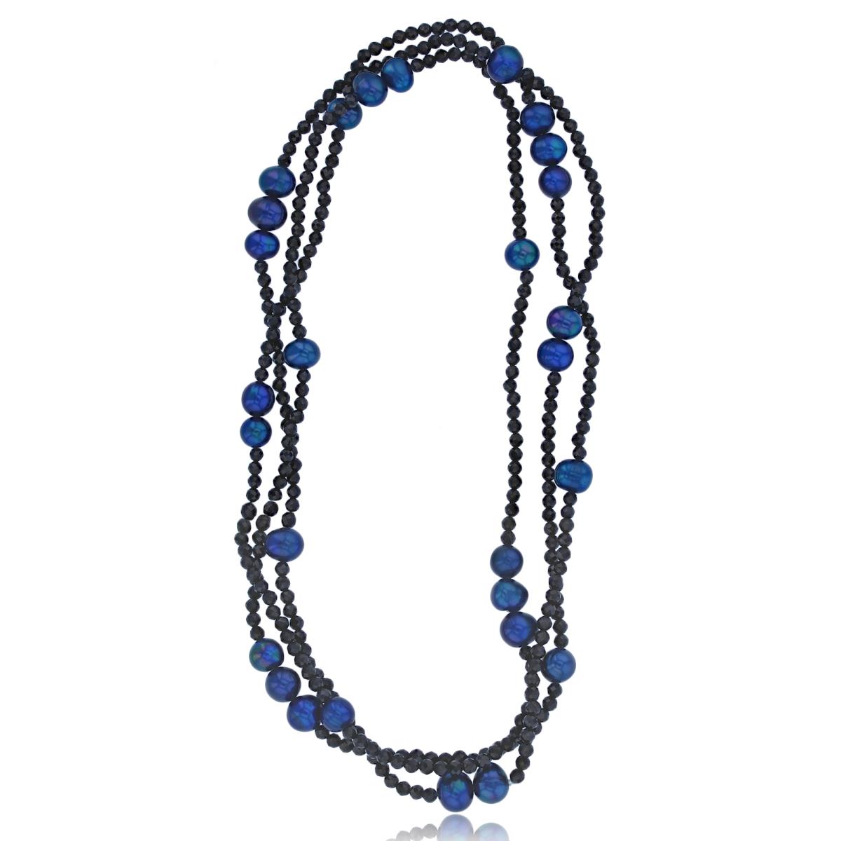 8-9mm Blue Dyed Potato FWP Stations & Black Spinel 48" Necklace