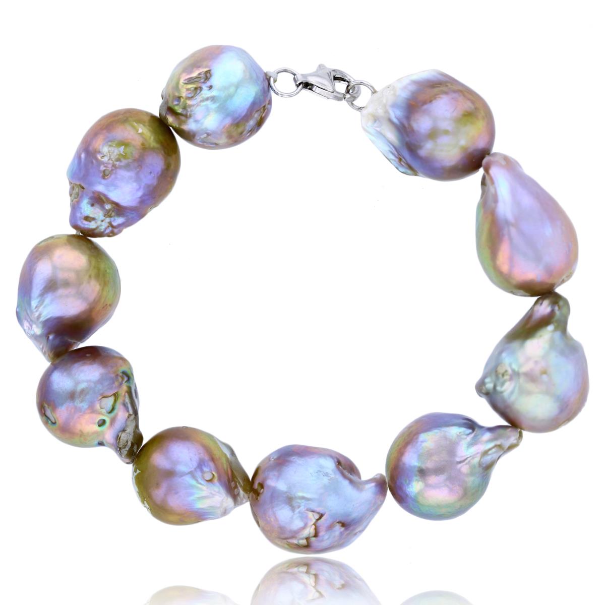 Sterling Silver Rhodium 15-20mm Dyed Baroque Pearls 8" Bracelet