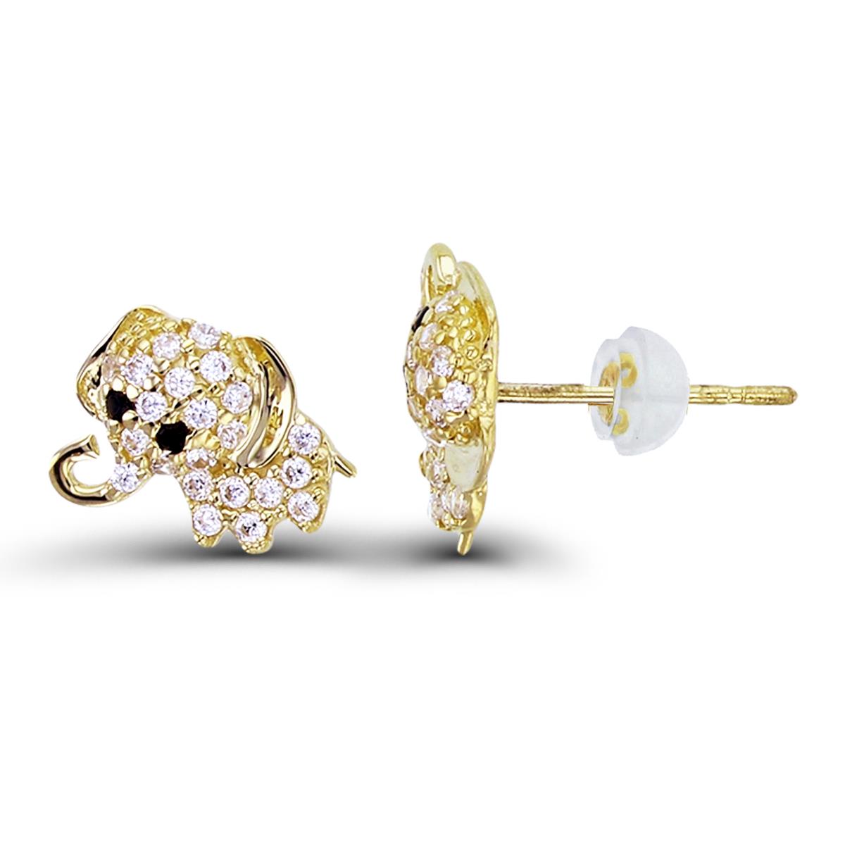10K Yellow Gold Rnd Black & White CZ Elephant Studs with Silicon Backs