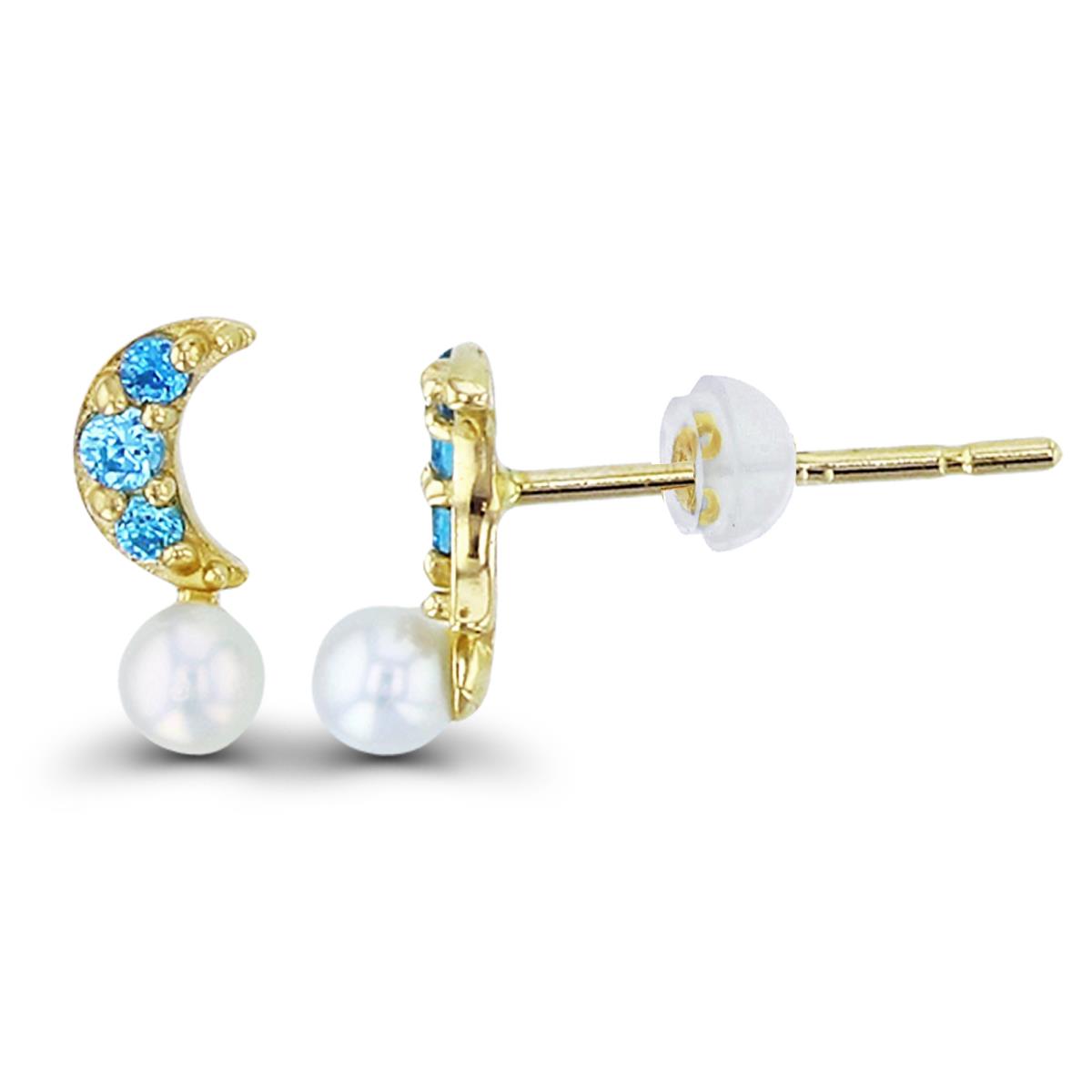 14K Yellow Gold 2.5mm Rnd Fresh Water Pearl & Rnd Blue Topaz Croissant Studs with Silicon Backs