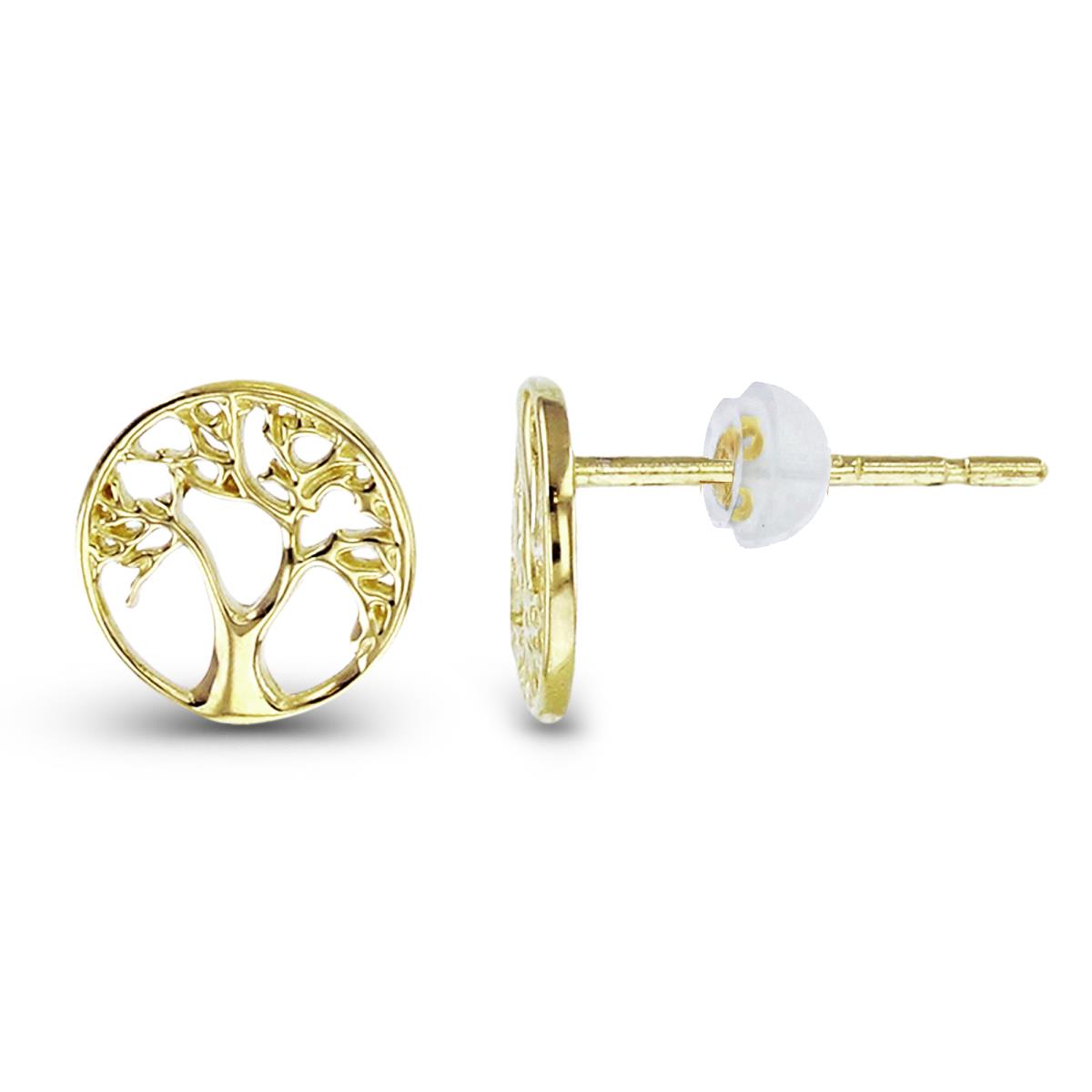 10K Yellow Gold Polish & Textured Tree of Life Circle Studs with Silicon Backs