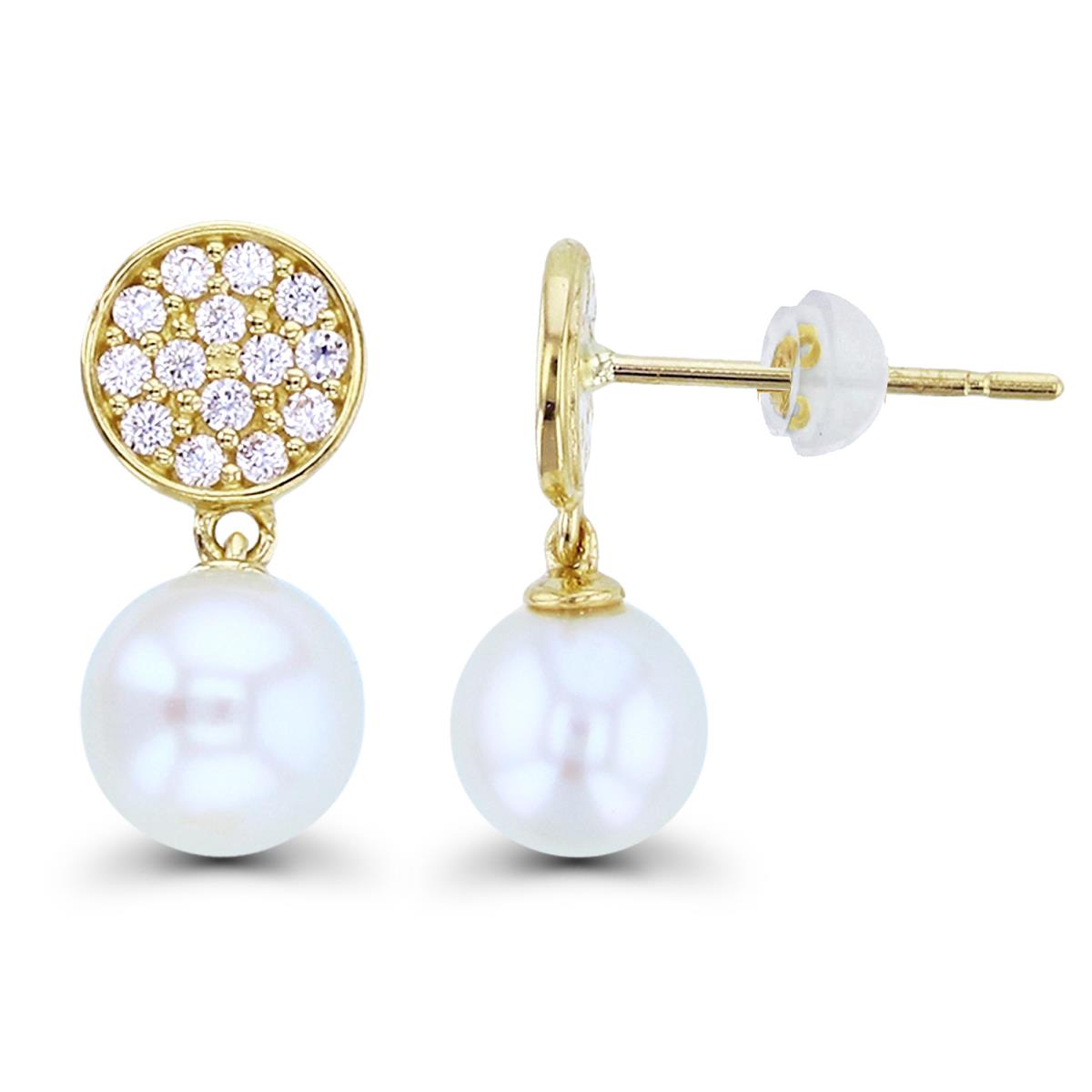10K Yellow Gold 5mm Fresh Water Pearl & Rnd CZ Pave Circle Dangling Earrings with Silicon Backs