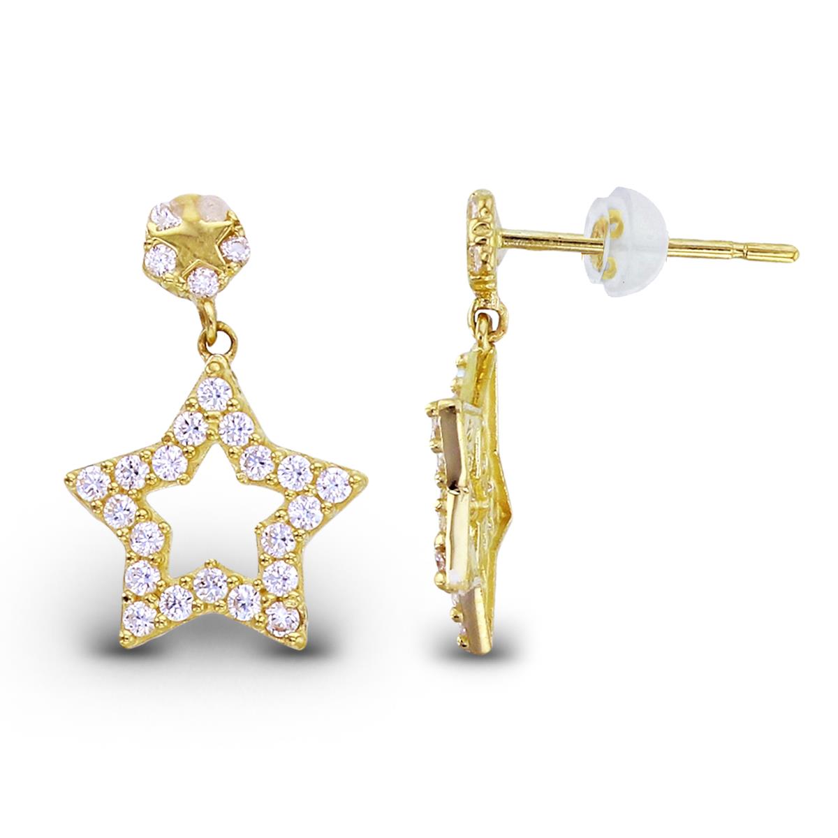 10K Yellow Gold Rnd CZ Dangling Star Earrings with Silicon Backs