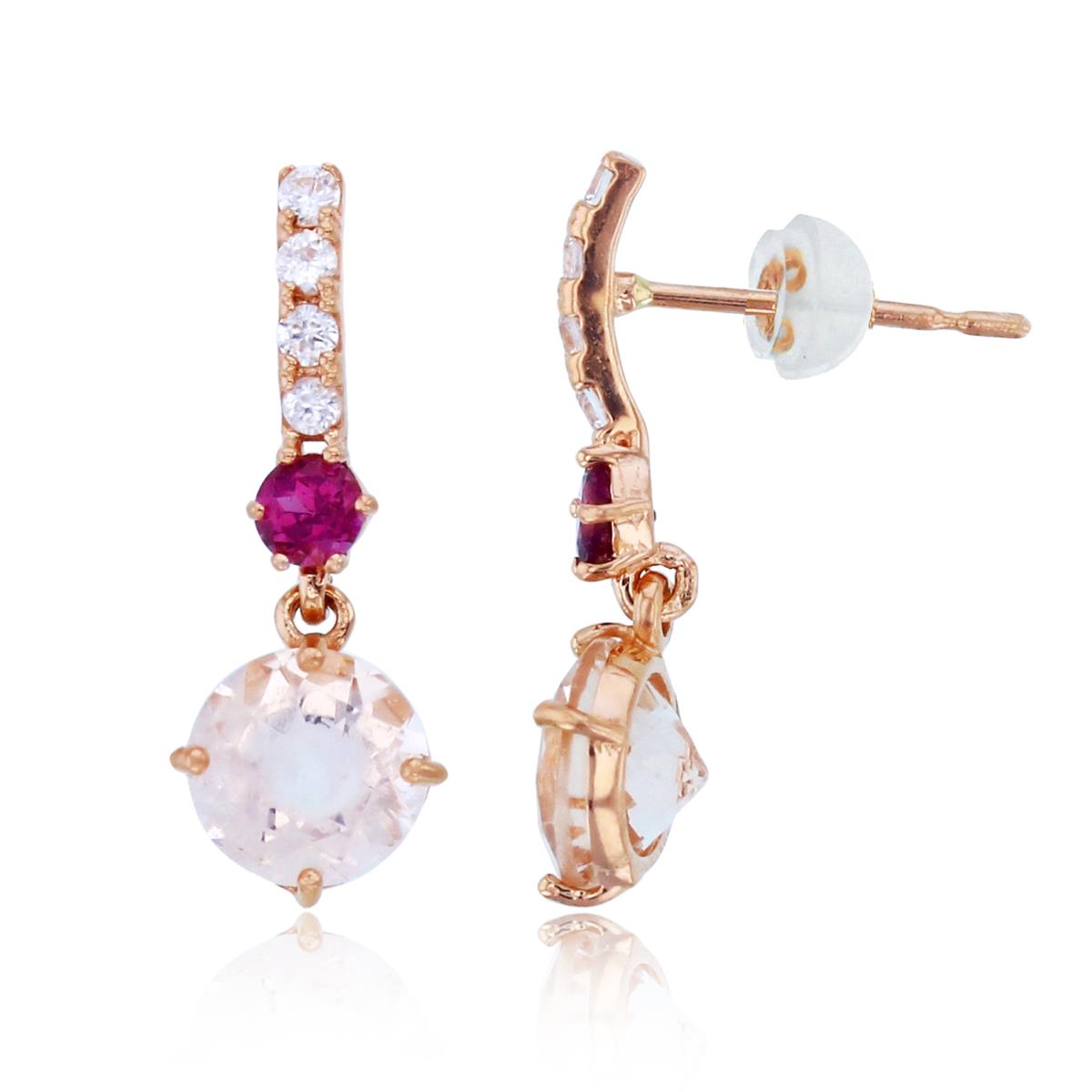 10K Rose Gold 6mm Rnd Morganite/Rhodolite & Wh.Zircon Dangling Earrings with Silicon Backs