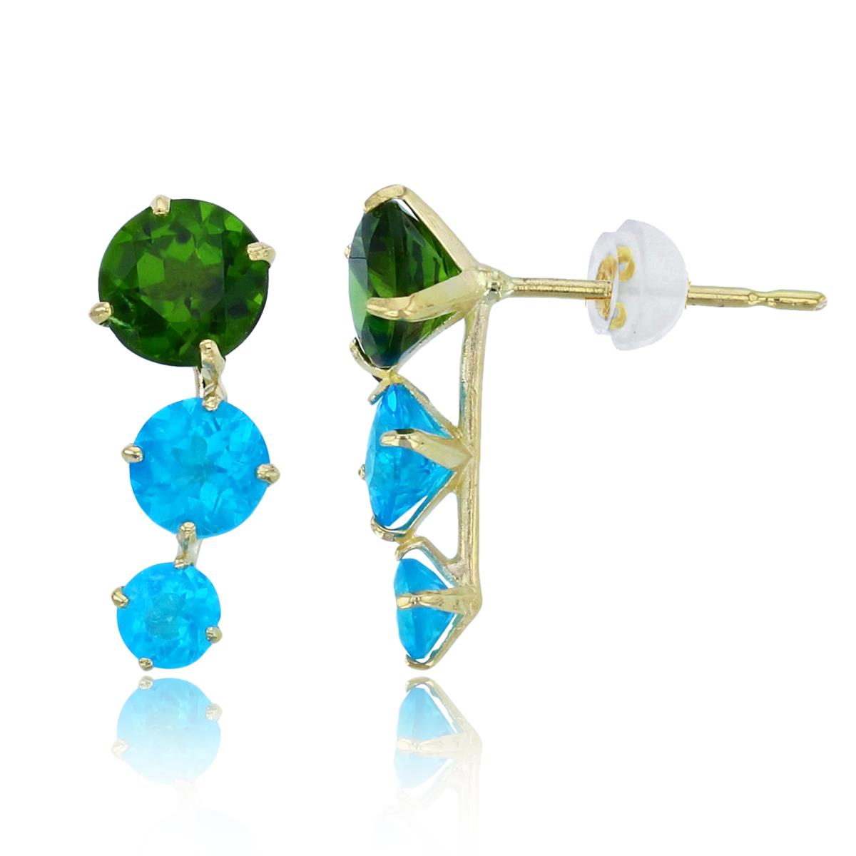10K Yellow Gold Graduated Rnd Chrom Diopside & Blue Apatite Vertical Earrings with Silicon Backs