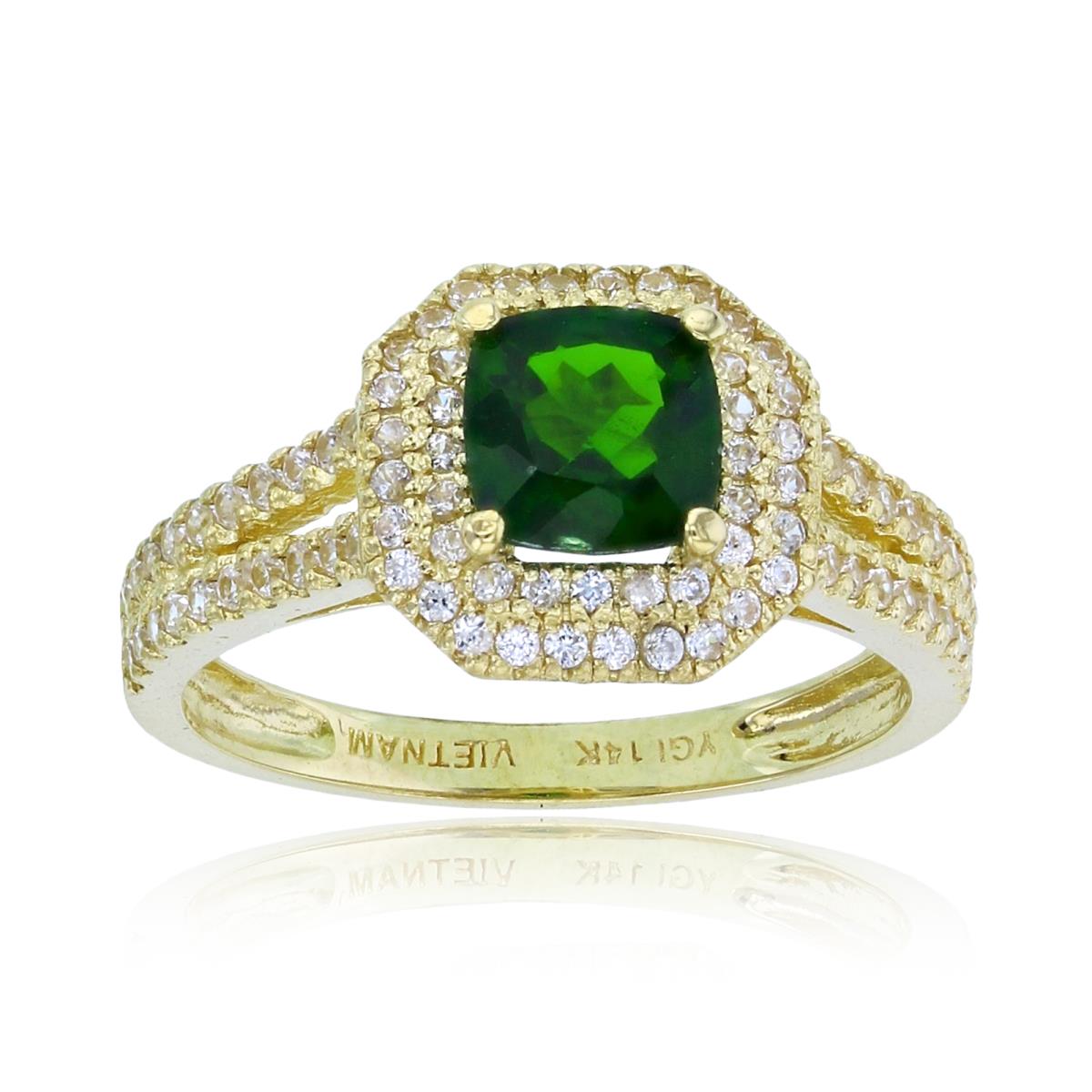10K Yellow Gold 6mm Cush Chrom Diopside & Rnd Wh.Zircon Double Halo Ring