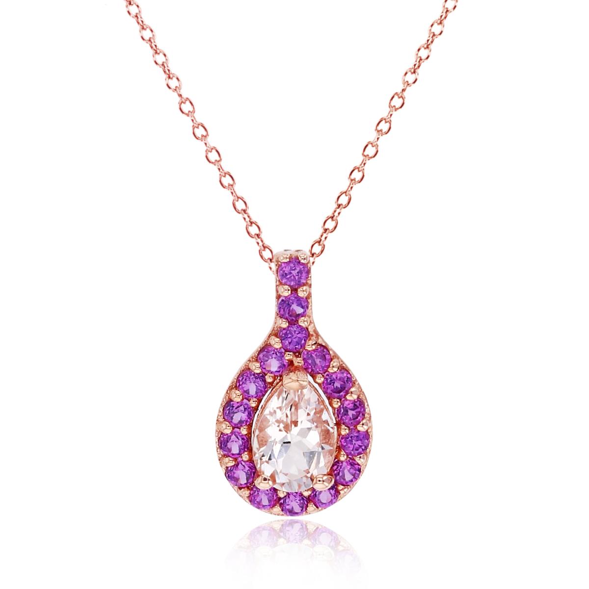 10K Rose Gold 6x4mm PS Morganite & Rnd Rhodolite Halo PS-shape 18"Necklace