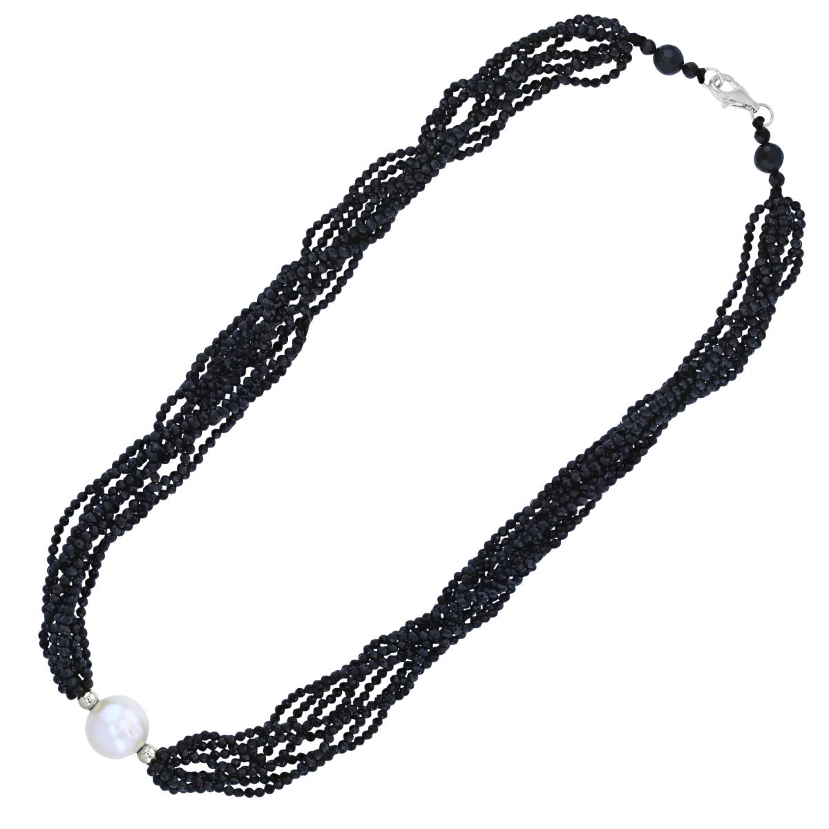 Sterling Silver Rhodium Multi Strand Black Spinel & 12-14mm RD FWP 20" Necklace