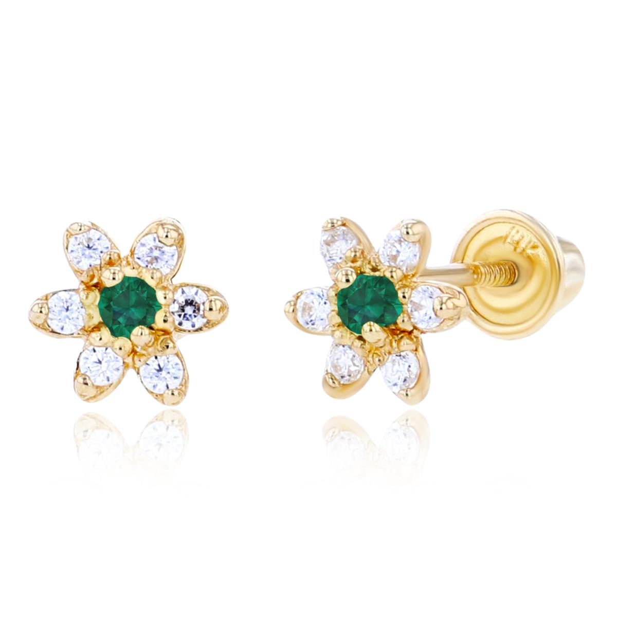 14K Yellow Gold 1.50mm Created Emerald & 1mm Created White Sapphire Flower Screwback Earring