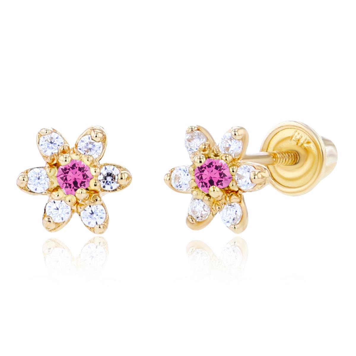 14K Yellow Gold 1.50mm Created Pink Sapphire & 1mm Created White Sapphire Flower Screwback Earring