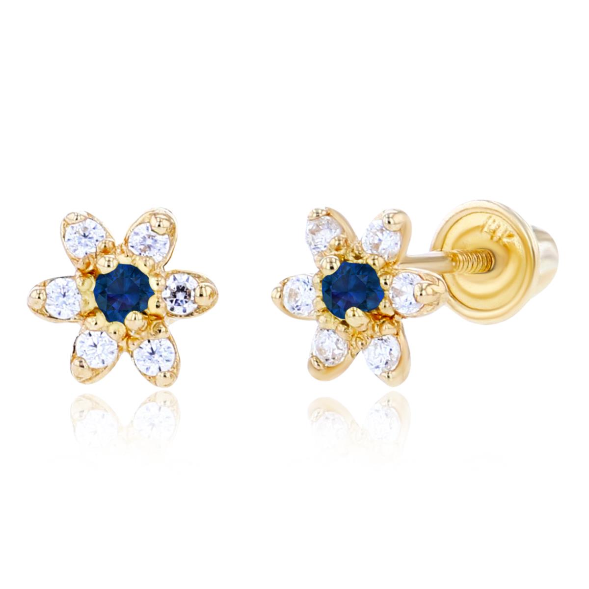 14K Yellow Gold 1.50mm Created Blue Sapphire & 1mm Created White Sapphire Flower Screwback Earring