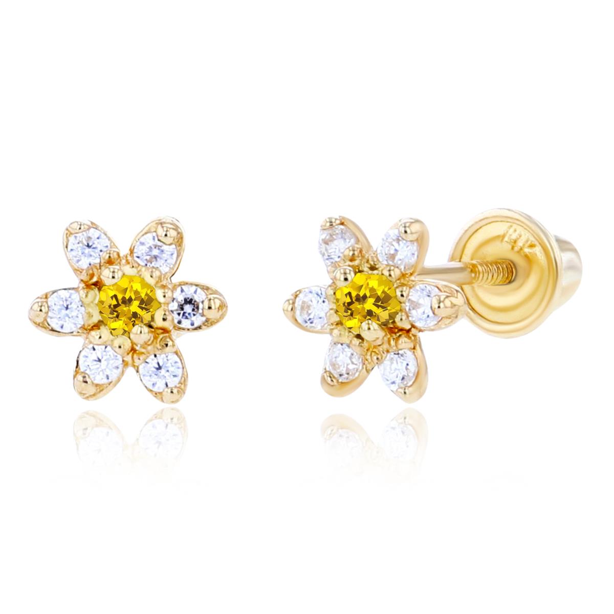 14K Yellow Gold 1.50mm Created Yellow Sapphire & 1mm Created White Sapphire Flower Screwback Earring