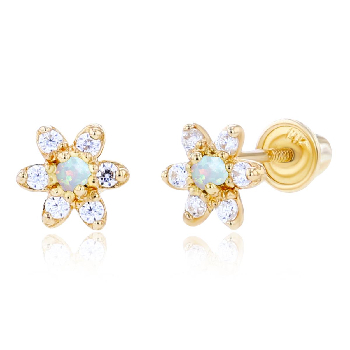 14K Yellow Gold 1.50mm Created Opal & 1mm Created White Sapphire Flower Screwback Earring
