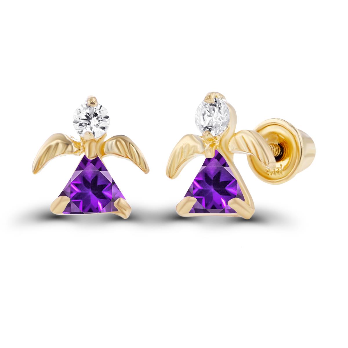 14K Yellow Gold 3x3mm Trillion Amethyst & 2mm Round Created White Sapphire Angel Screwback Earrings