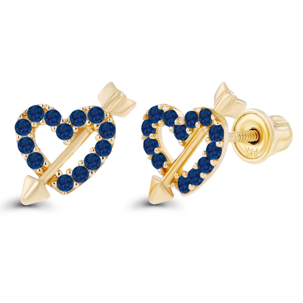 14K Yellow Gold 1mm Round Created Blue Sapphire Cupid Heart Screwback Earrings