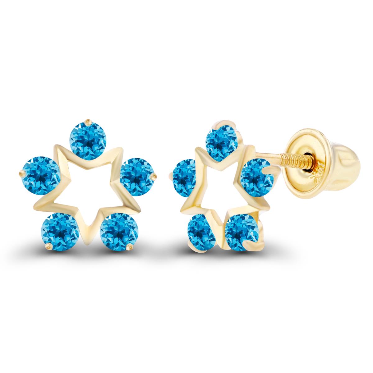 14K Yellow Gold 1.75mm Round Swiss Blue Topaz Open Star Screwback Earrings