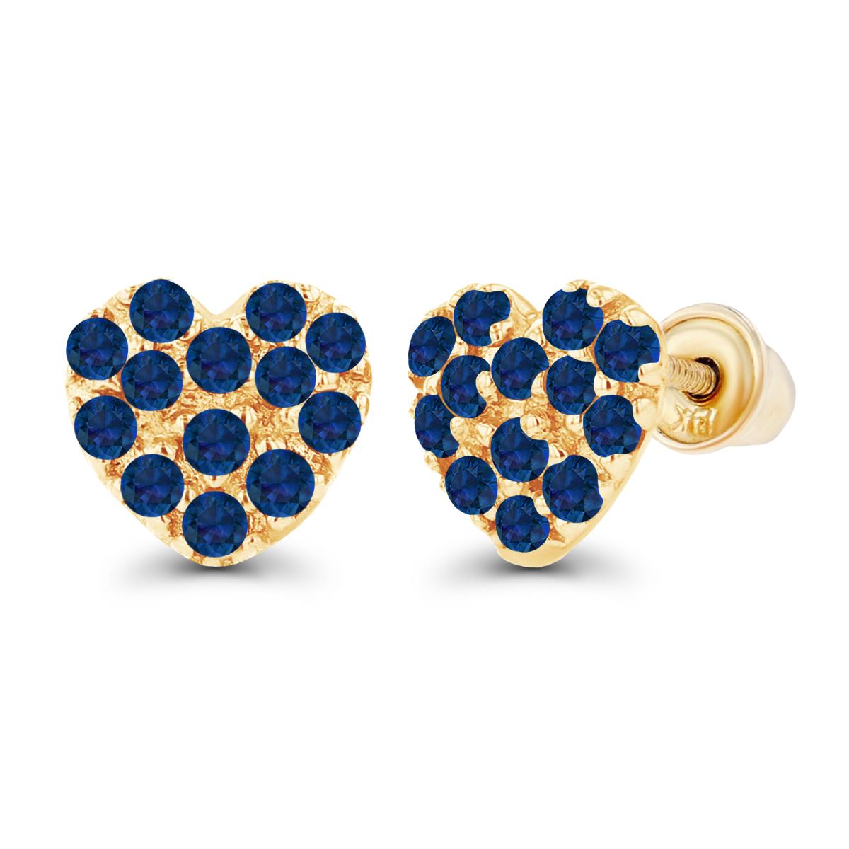 14K Yellow Gold 1.25mm Round Created Blue Sapphire Heart Screwback Earrings