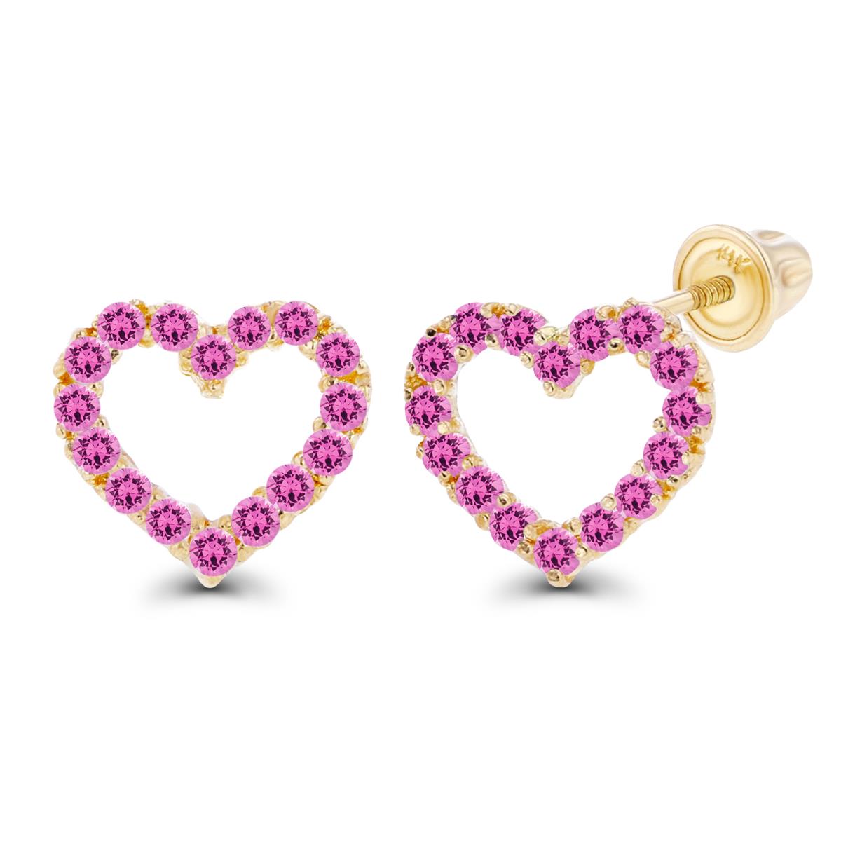14K Yellow Gold 1mm Round Created Pink Sapphire Open Heart Screwback Earrings