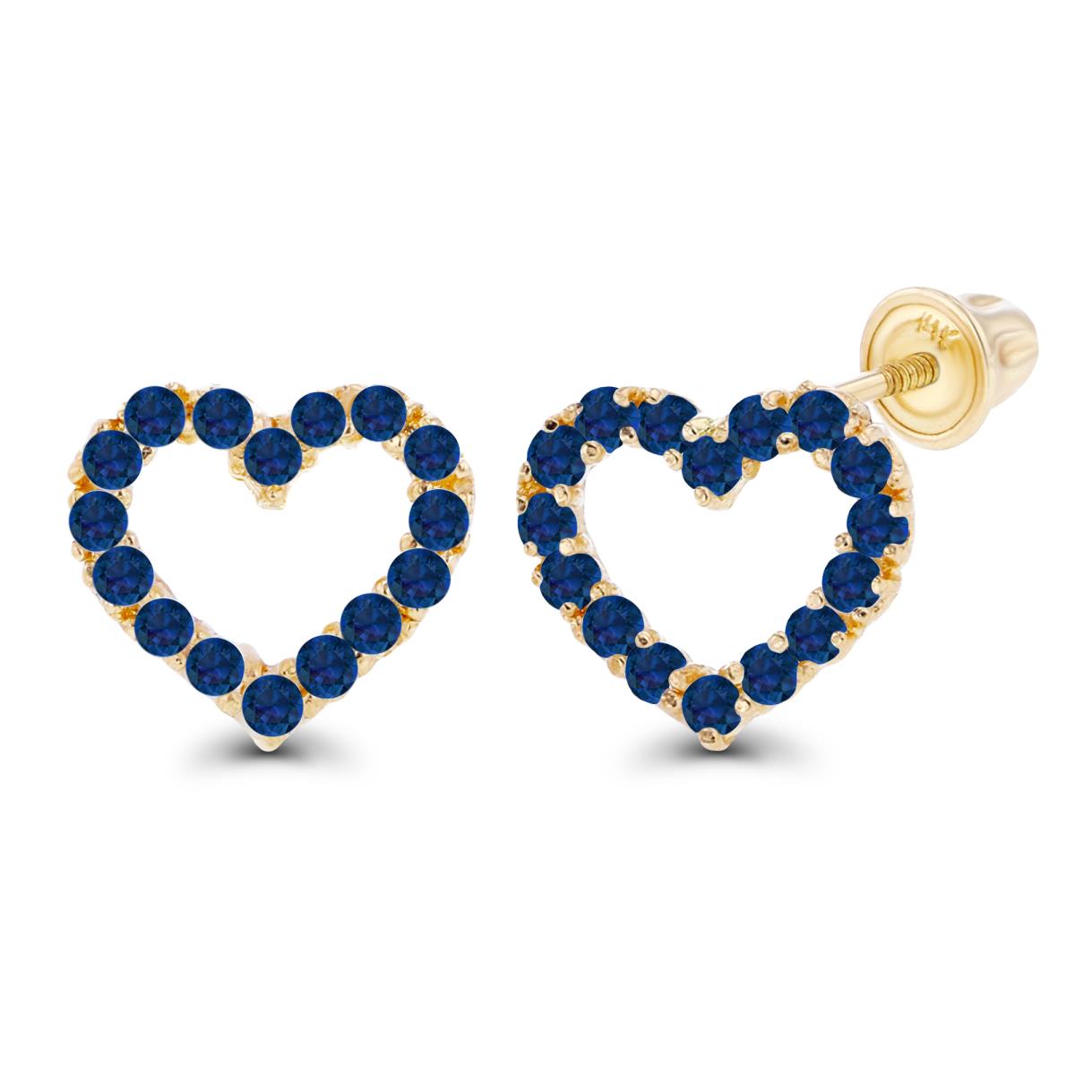 14K Yellow Gold 1mm Round Created Blue Sapphire Open Heart Screwback Earrings