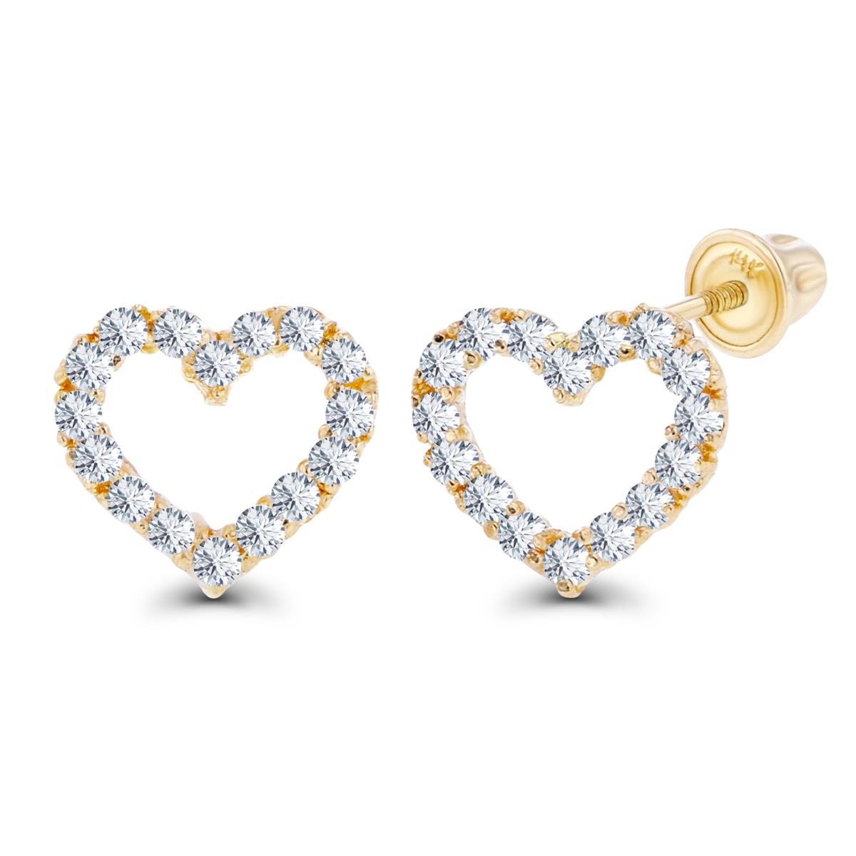 14K Yellow Gold 1mm Round Created White Sapphire Open Heart Screwback Earrings