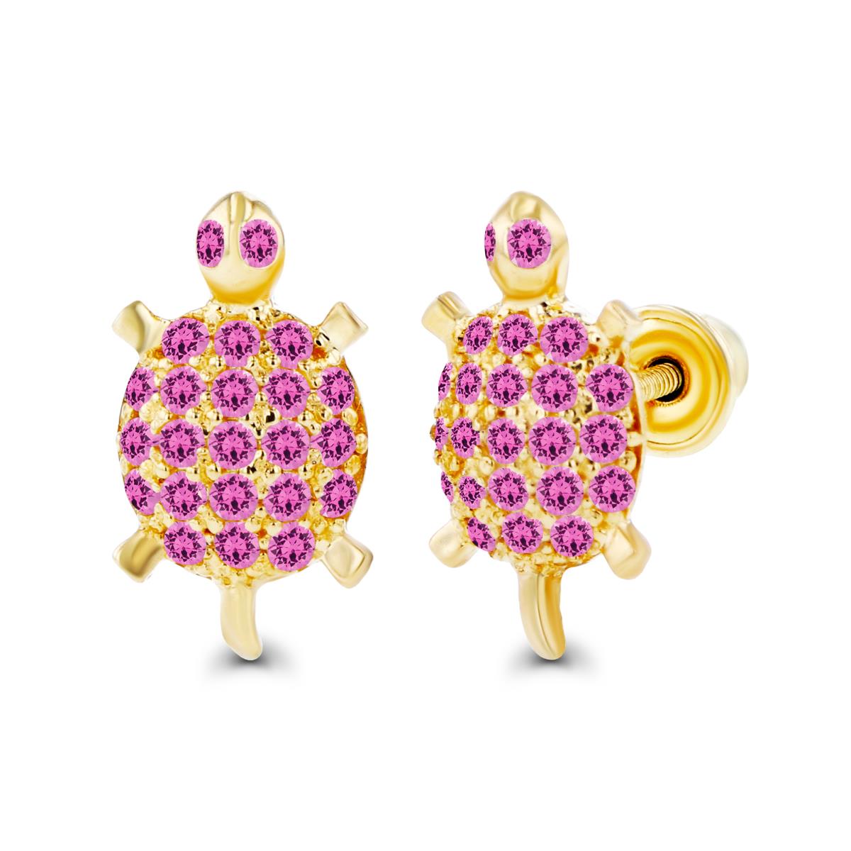 14K Yellow Gold Rnd 1mm Round Created Pink Sapphire Turtle Screwback Earrings