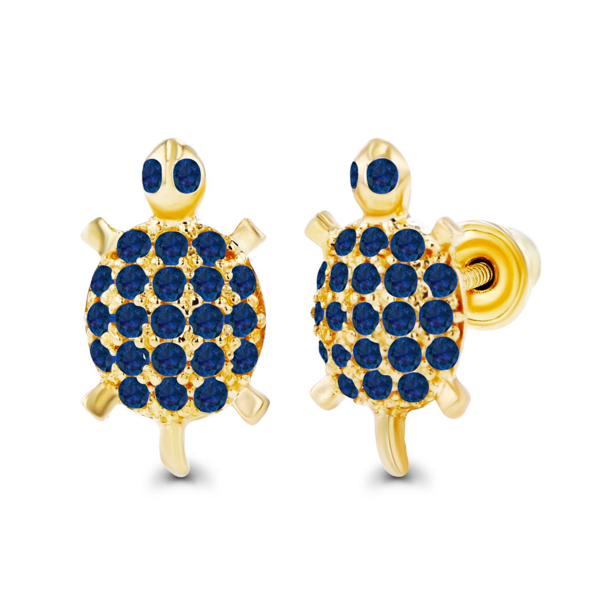 14K Yellow Gold Rnd 1mm Round Created Blue Sapphire Turtle Screwback Earrings