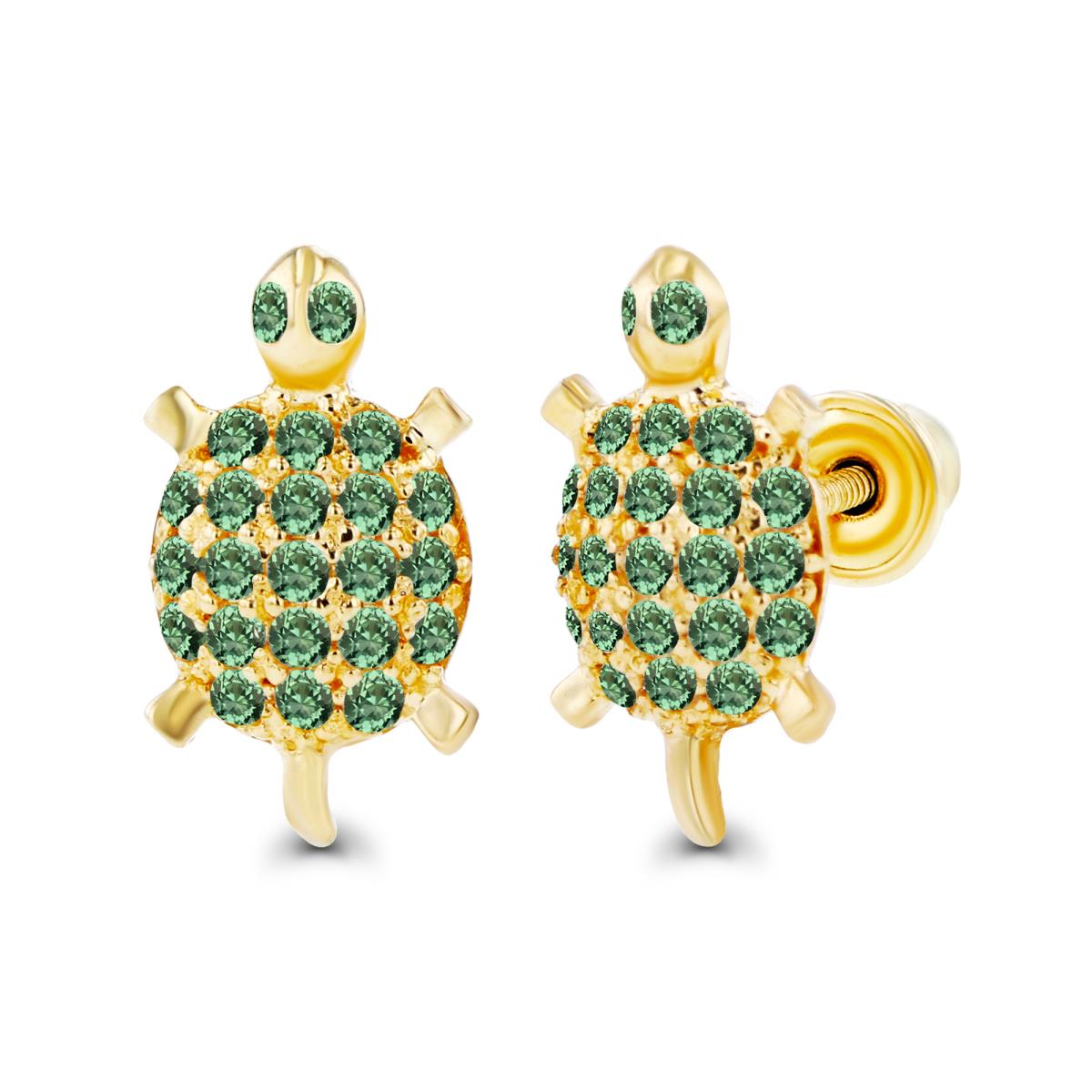 14K Yellow Gold Rnd 1mm Round Created Green Sapphire Turtle Screwback Earrings