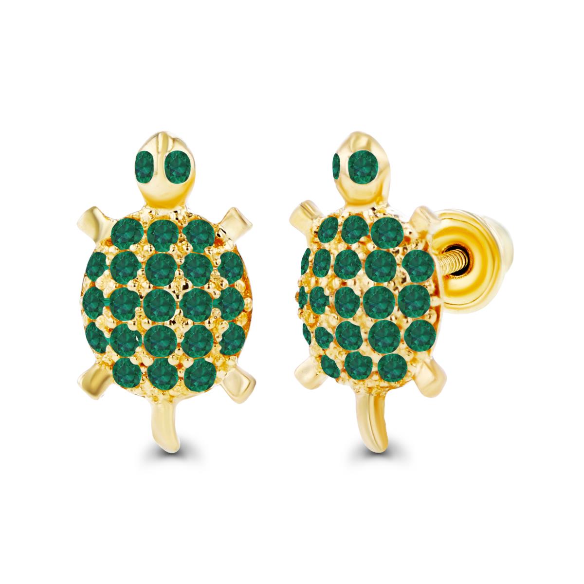14K Yellow Gold Rnd 1mm Round Created Emerald Turtle Screwback Earrings