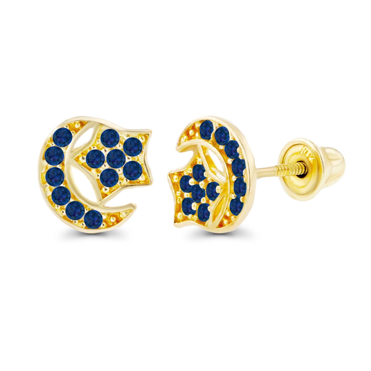 14K Yellow Gold 1mm Round Created Blue Sapphire Moon & Star Screwback Earrings