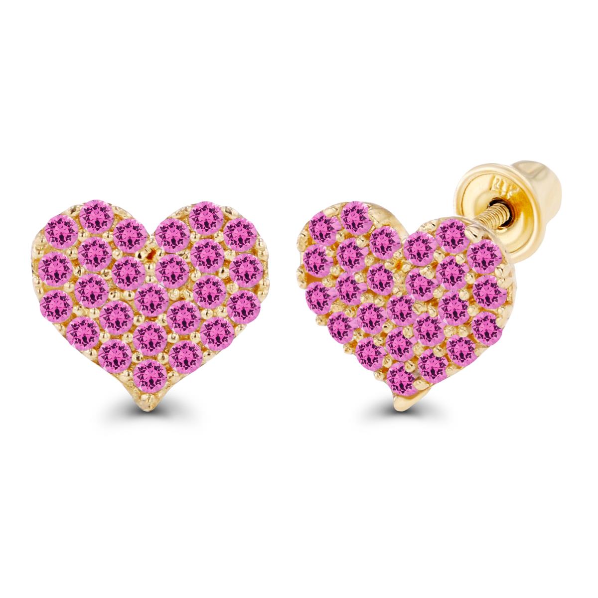 14K Yellow Gold 1mm Round Created Pink Sapphire Heart Screwback Earrings