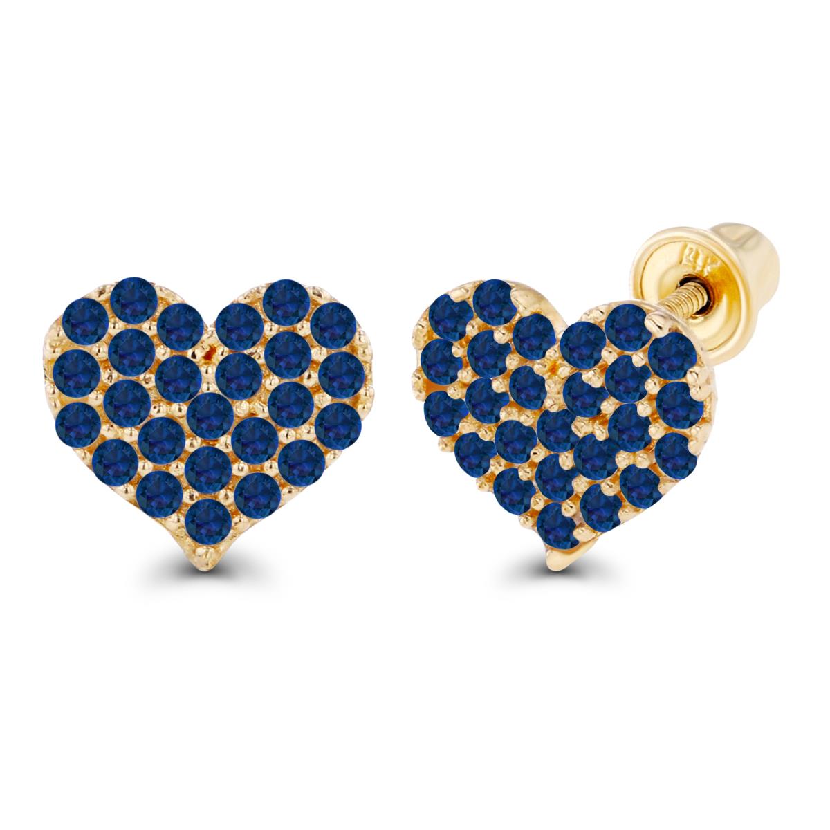 14K Yellow Gold 1mm Round Created Blue Sapphire Heart Screwback Earrings