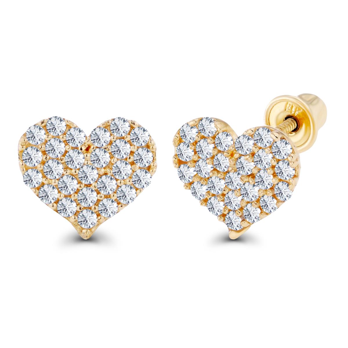 14K Yellow Gold 1mm Round Created White Sapphire Heart Screwback Earrings