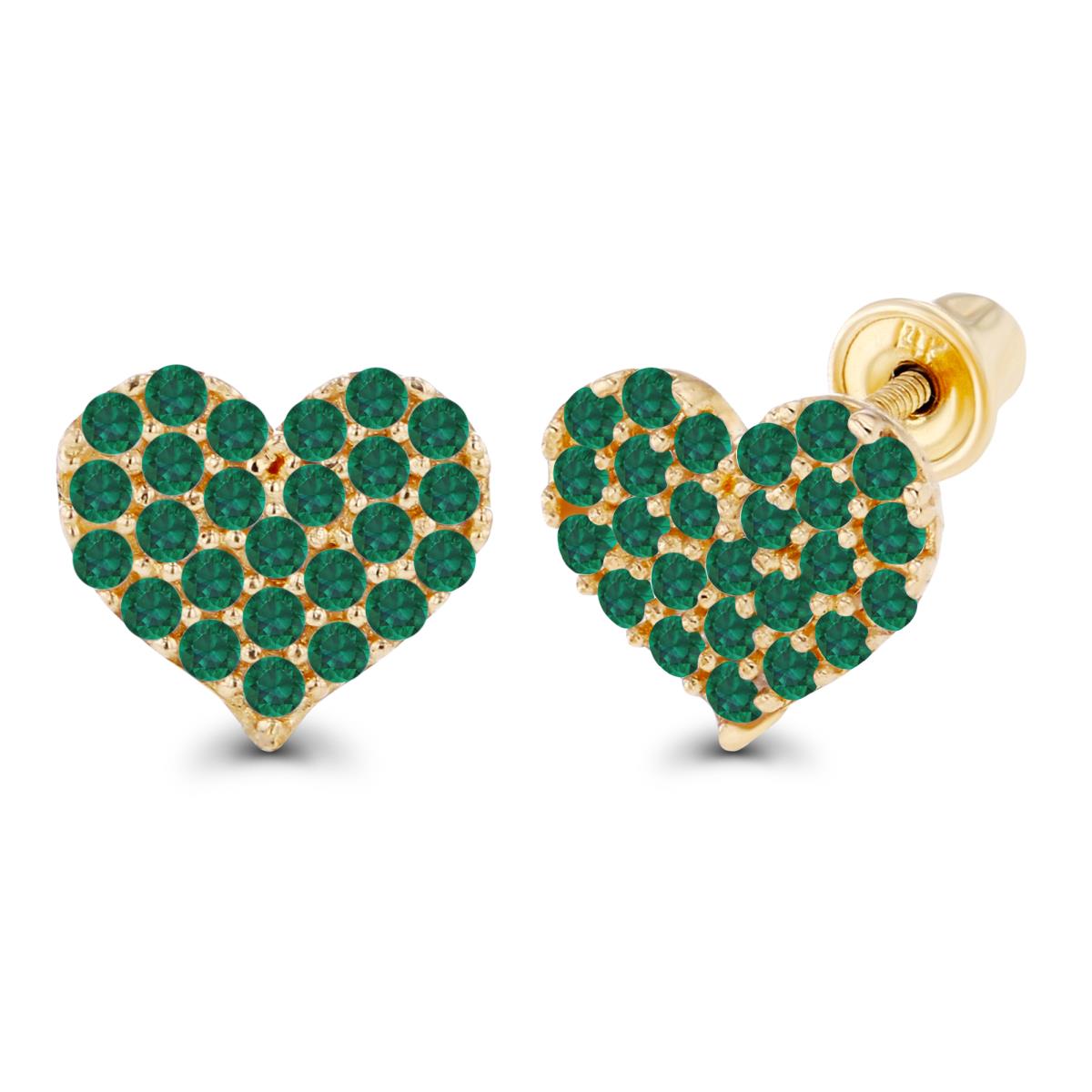 14K Yellow Gold 1mm Round Created Emerald Heart Screwback Earrings