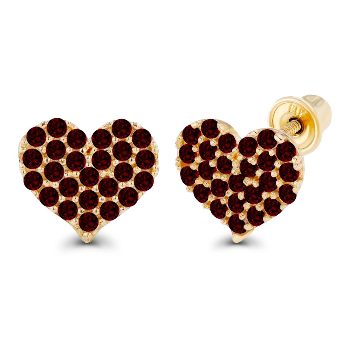 14K Yellow Gold 1mm Round Garnet Heart Screwback Earrings