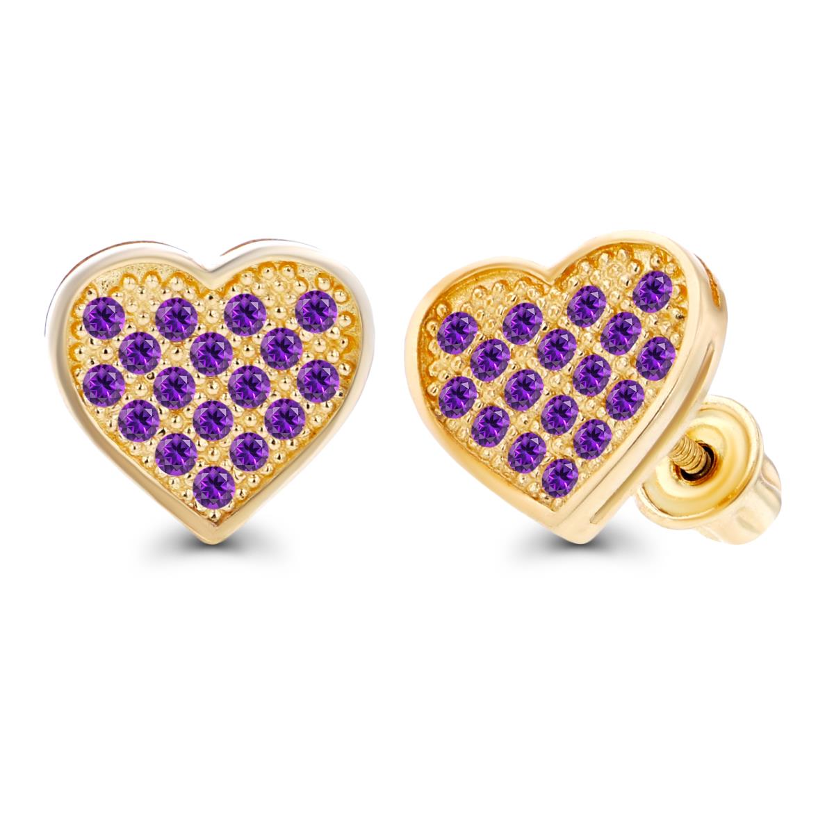 14K Yellow Gold Paved 1mm Round Amethyst Heart Screwback Earrings