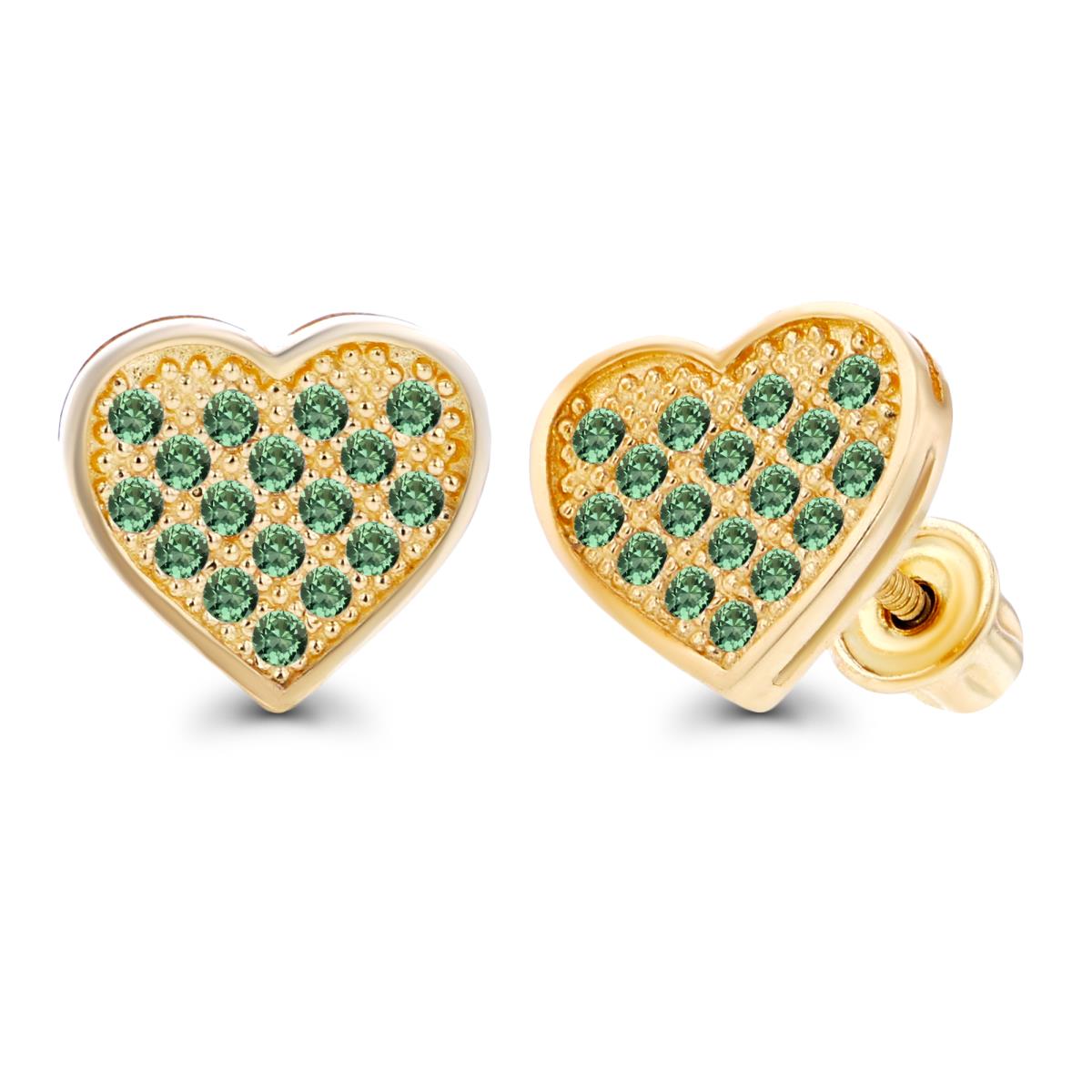 14K Yellow Gold Paved 1mm Round Created Green Sapphire Heart Screwback Earrings