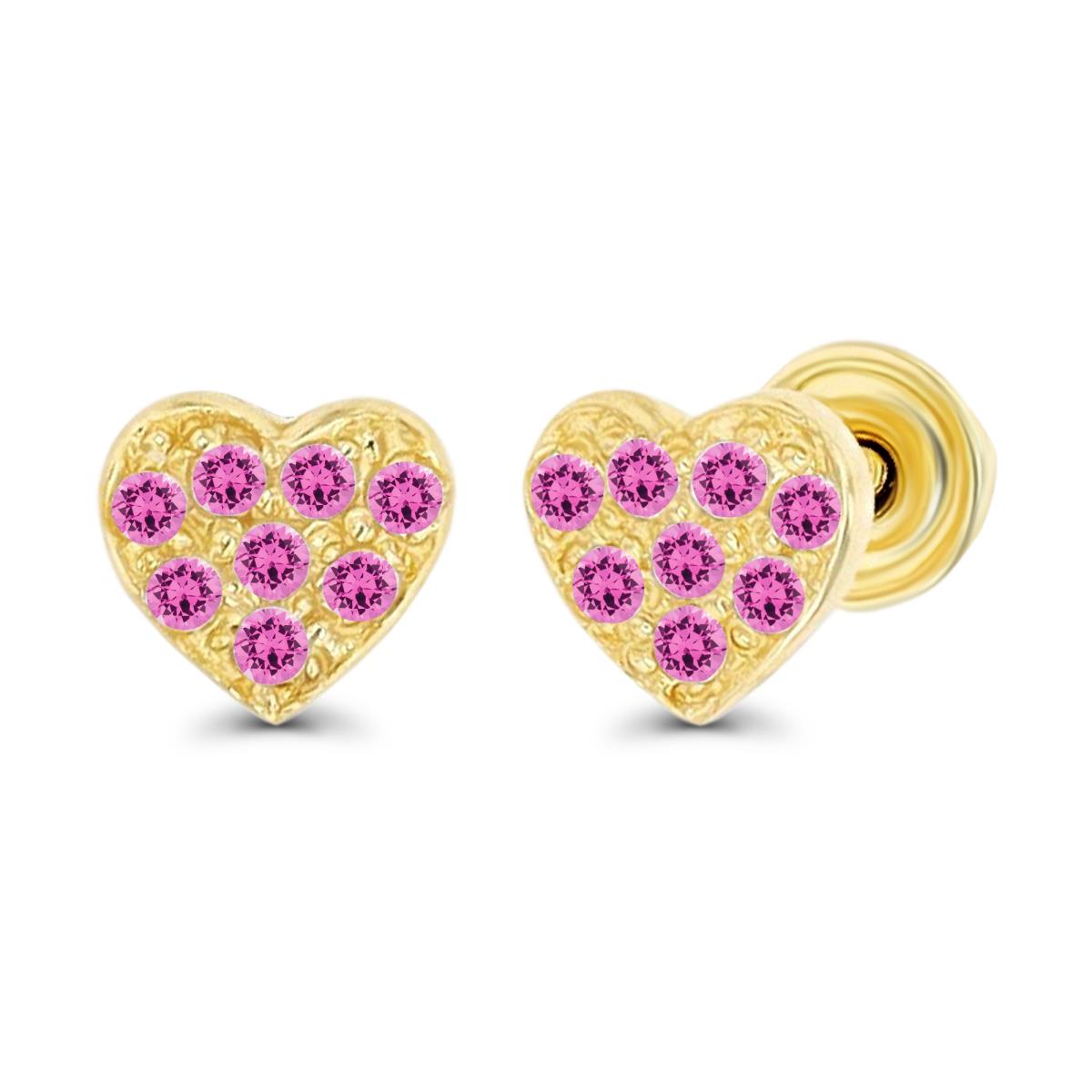 14K Yellow Gold 1mm Round Created Pink Sapphire Heart Screwback Stud Earrings