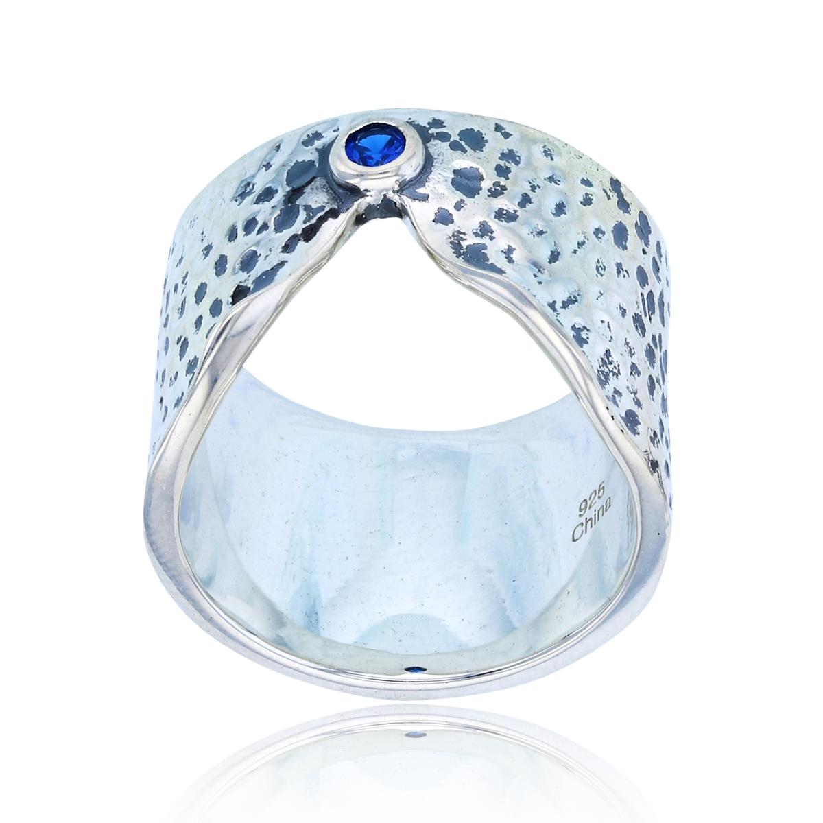 Sterling Silver Oxidized Textured 2.5mm Rnd Blue Sapphire CZ Bezel Wide Band