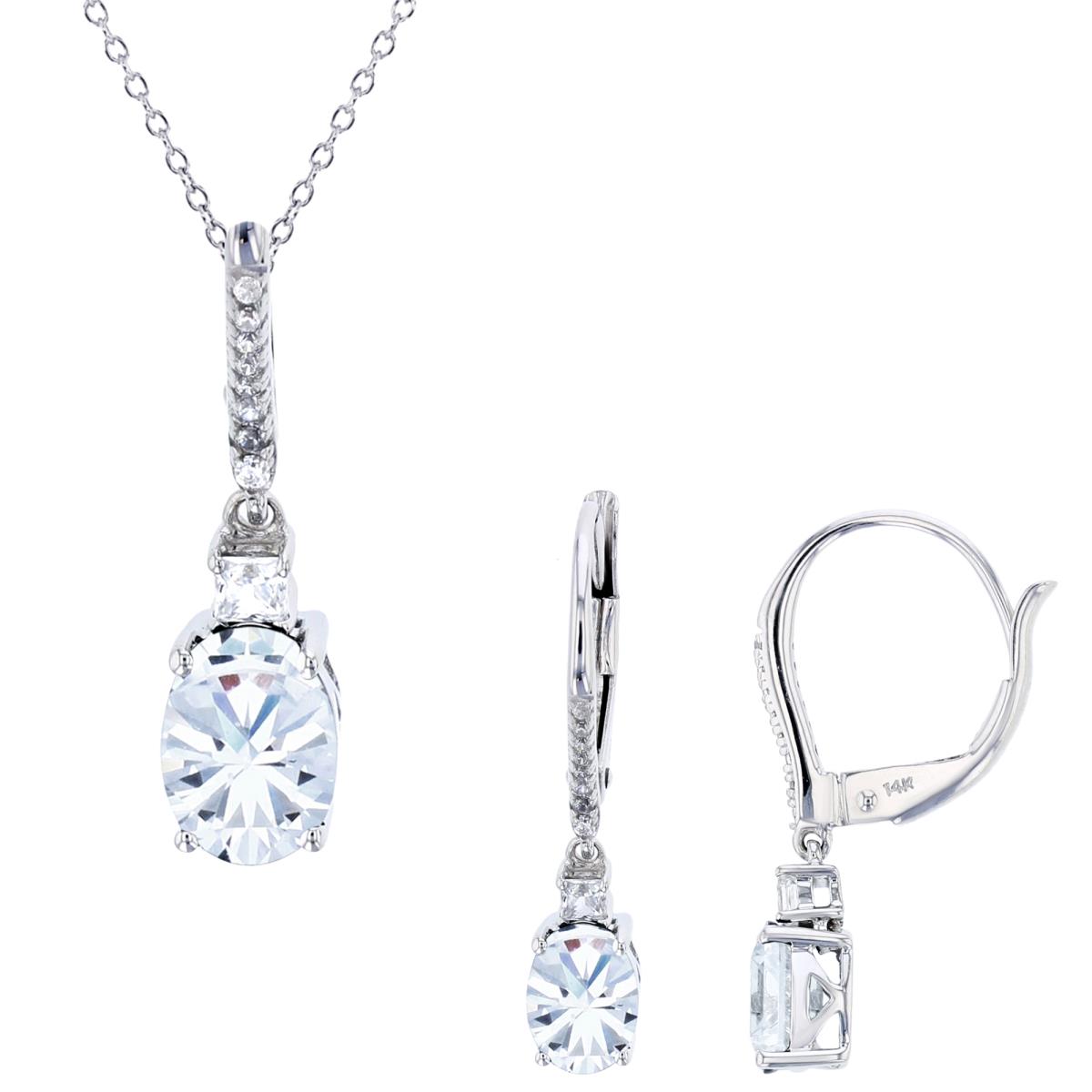 Sterling Silver Rhodium 7x5mm Ov /Princess & Rnd Created White Sapphire Earring & Necklace Set