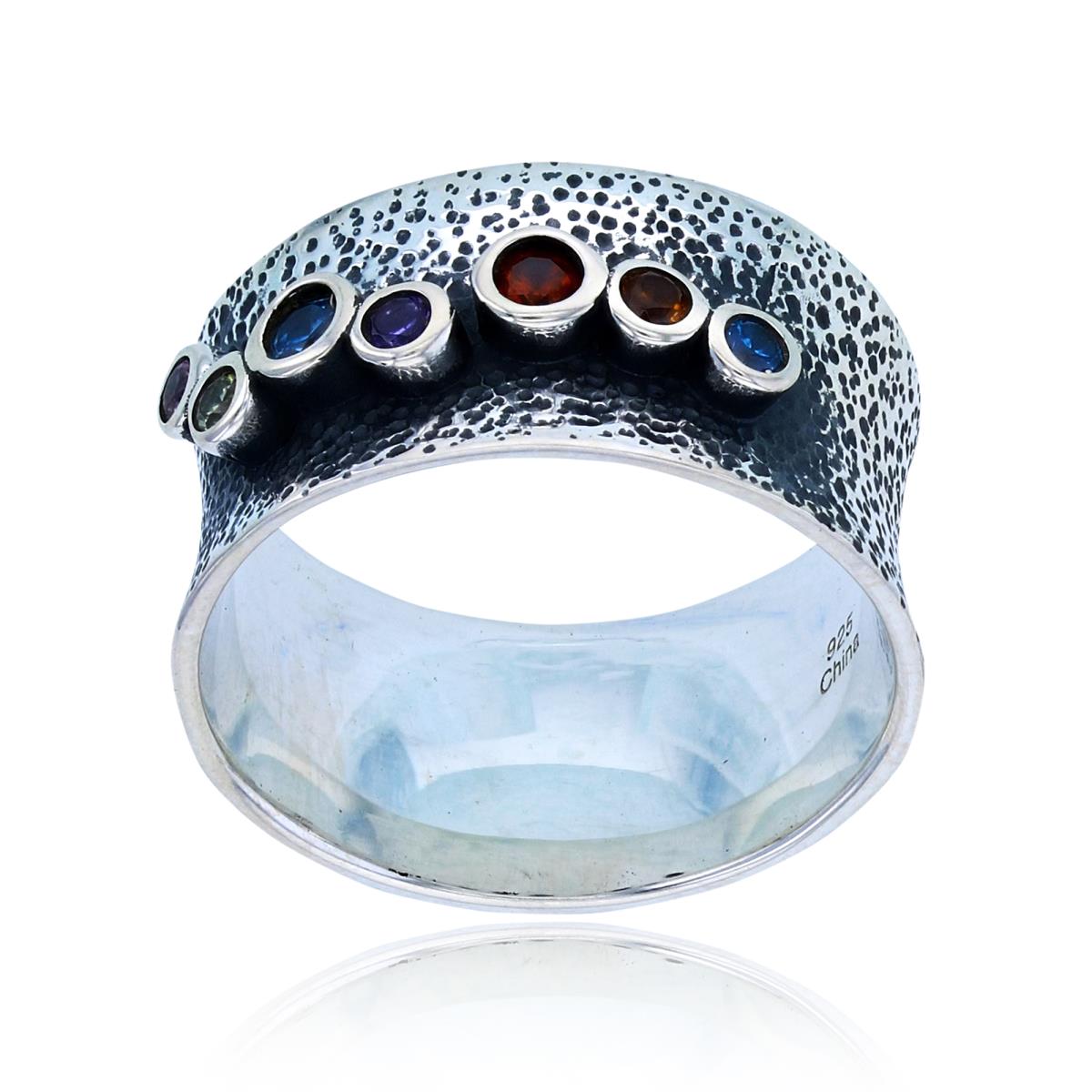 Sterling Silver Oxidized Textured 2.5-2mm Rnd Multicolor CZ Bezel Circles Row on Band