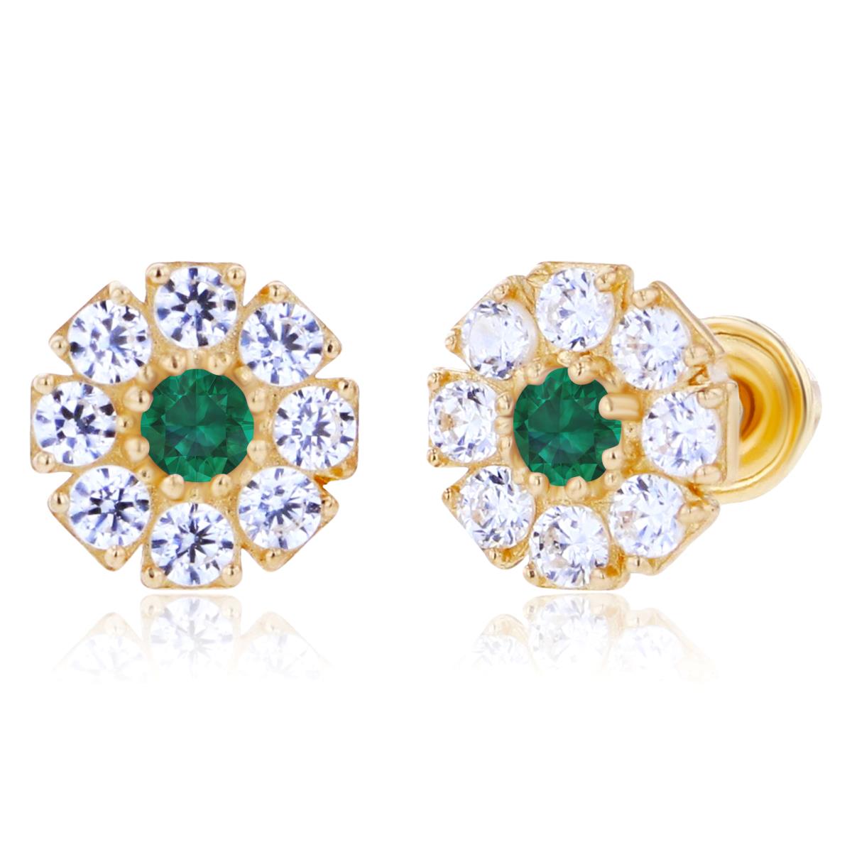 14K Yellow Gold 2mm Round Created Emerald & 1.5mm Created White Sapphire Flower Screwback Earrings