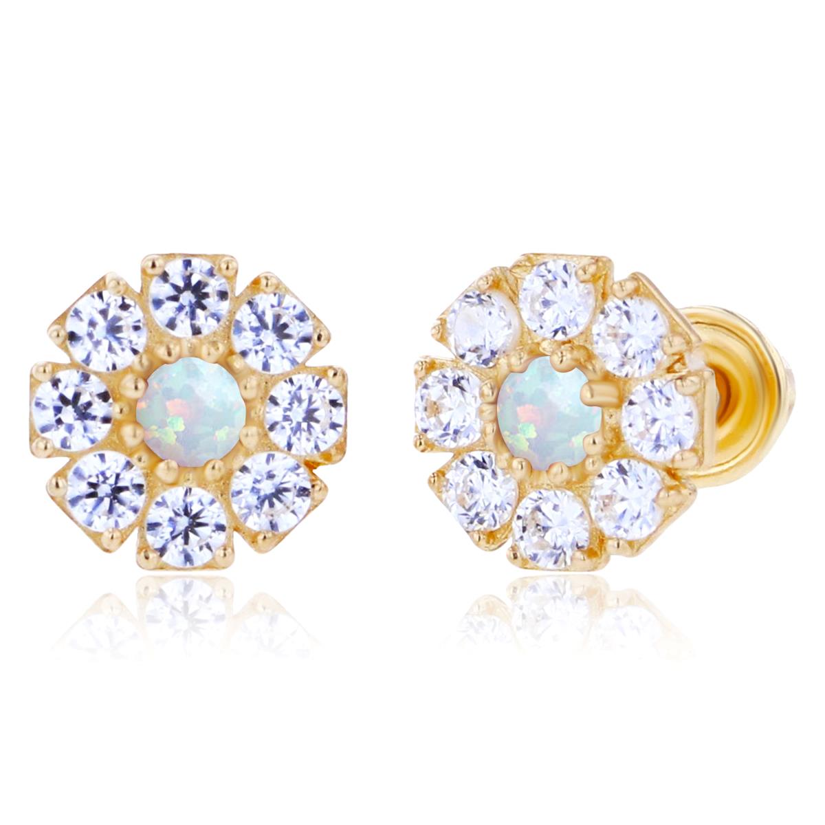 14K Yellow Gold 2mm Round Created Opal & 1.5mm Created White Sapphire Flower Screwback Earrings